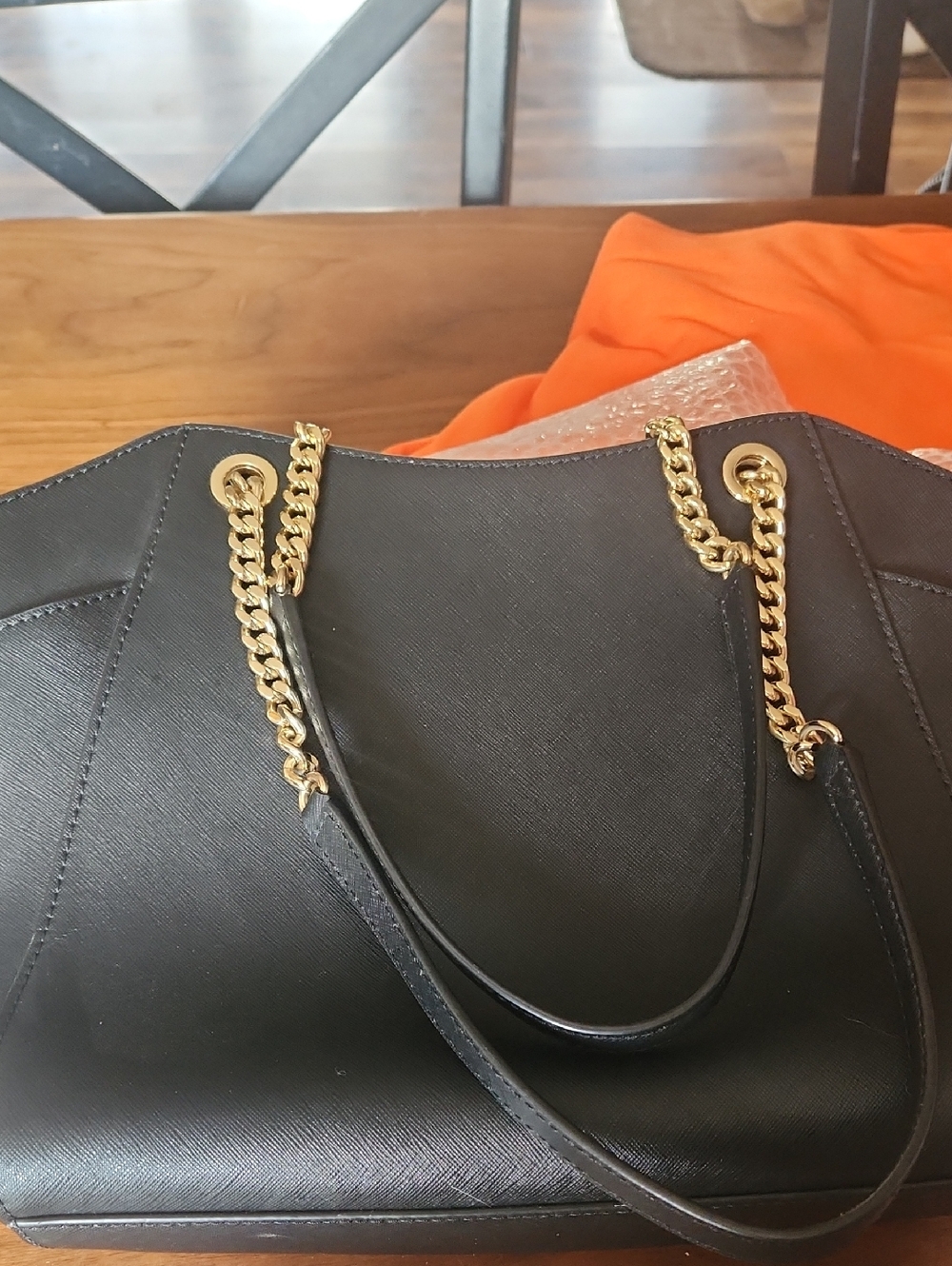 Black Leather Tote with Gold Chain Handles